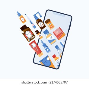 Online pharmacy via mobile app.Buying pharmaceutical products through mobile app.Vector illustration isolated in white background. 