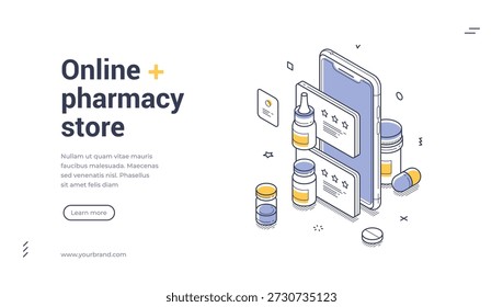 Anuncio de Web de farmacia en línea. Plantilla isométrica para un App de farmacia móvil. Ilustración vectorial con smartphone y píldoras para un servicio de salud digital o página de inicio de la tienda en línea