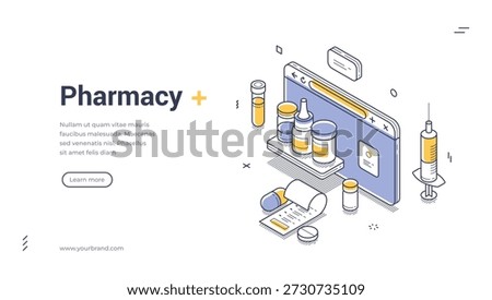 Online pharmacy web banner. Isometric template for a digital drugstore. Vector illustration with browser and medicines for an internet medicine store or healthcare landing page