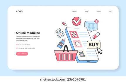 Banner web o página de inicio de la farmacia en línea. Compra de medicamentos, medicamentos y medicamentos en línea. Servicio de farmacia. Concepto de atención médica y tratamiento médico. Ilustración vectorial plana