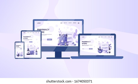 Online pharmacy web banner on differernt device, computer, laptop, tablet and smartphone. Medicine and healthcare. Drugstore web banner or website interface idea. Isolated vector illustration