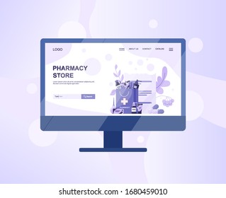 Online pharmacy web banner on computer or tv screen. Medicine and healthcare. Drugstore web banner or website interface idea. Isolated vector illustration