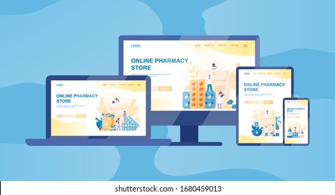 Online pharmacy web banner on differernt device, computer, laptop, tablet and smartphone. Medicine and healthcare. Drugstore web banner or website interface idea. Isolated vector illustration