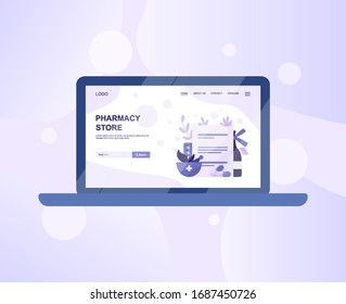 Online pharmacy web banner on computer or laptop. Medicine and healthcare. Drugstore web banner or website interface idea. Isolated vector illustration