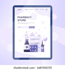 Online pharmacy web banner on tablet screen. Medicine and healthcare. Drugstore web banner or website interface idea. Isolated vector illustration