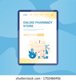 Online pharmacy web banner on tablet screen. Medicine and healthcare. Drugstore web banner or website interface idea. Isolated vector illustration