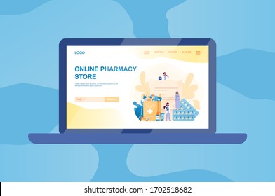 Online pharmacy web banner on computer or laptop. Medicine and healthcare. Drugstore web banner or website interface idea. Isolated vector illustration