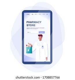 Online pharmacy web banner on phone screen. Medicine and healthcare. Drugstore web banner or website interface idea. Isolated vector illustration