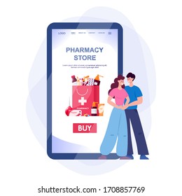 Online pharmacy web banner on phone screen. Medicine and healthcare. Drugstore web banner or website interface idea. Isolated vector illustration