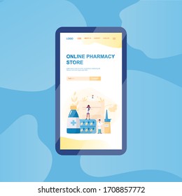 Online pharmacy web banner on phone screen. Medicine and healthcare. Drugstore web banner or website interface idea. Isolated vector illustration