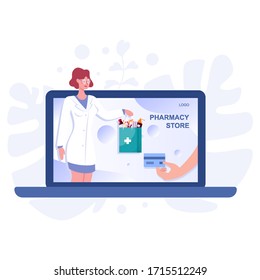 Online pharmacy web banner on web device screen. Medicine and healthcare. Online drugstore web banner or website interface idea. Isolated vector illustration