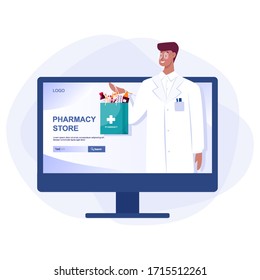 Online pharmacy web banner on web device screen. Medicine and healthcare. Online drugstore web banner or website interface idea. Isolated vector illustration