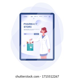 Online pharmacy web banner on web device screen. Medicine and healthcare. Online drugstore web banner or website interface idea. Isolated vector illustration