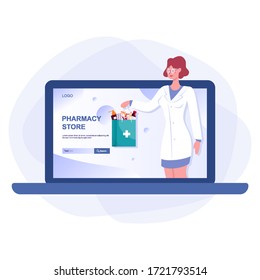 Online pharmacy web banner on web device screen. Medicine and healthcare. Online drugstore web banner or website interface idea. Isolated vector illustration