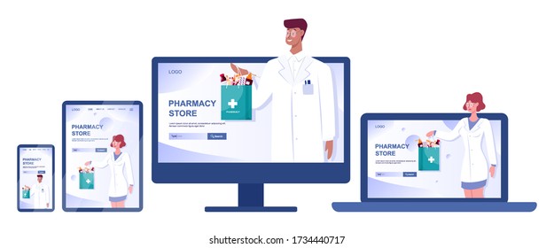 Online pharmacy web banner on web device screen. Medicine and healthcare. Online drugstore web banner or website interface idea. Isolated vector illustration