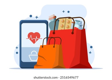Online Apotheke Website Design-Konzept. Kaufen Sie Medikamente und Medikamente online. Design von E-Commerce-Websites. Flache Vektorgrafik für Website-Design, Banner, Landing Page.