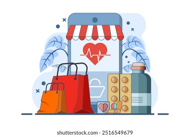 Online pharmacy website design concept. Buy medicines and drugs online. Ecommerce website design. Flat vector illustration for website design, banner, landing page.