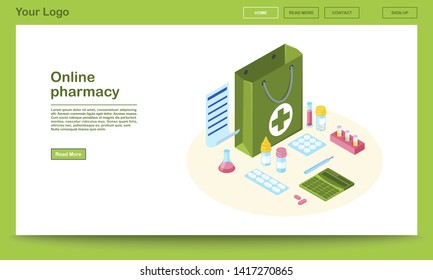 Online pharmacy website isometric template. 3d drugstore bag with prescription list. Pills, capsules in blisters for online order. Bottles with mixtures, vitamin supplements. Medication internet store