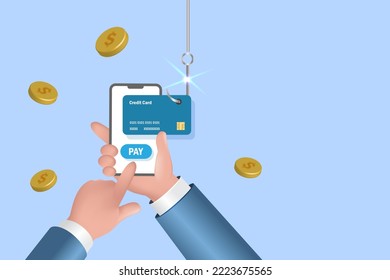 Online phishing scam, hacker attack. Businessman using mobile app for credit card payment with phishing hook on smartphone. 