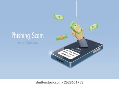 Phishing on-line, Web, scammer SMS. Pilha de notas de mão com gancho de phishing no smartphone. Ataque de crimes cibernéticos contra a tecnologia de sistemas de segurança digital. Vetor 3D.
