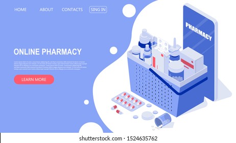 Online phone and basket full of pills, capsules blisters, glass bottles, plastic tubes. The concept of an online pharmacy. Isometric vector illustration.