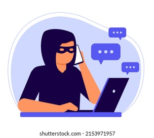 Online And Phone Fraud, Computer Hacker, Thief Man Scam In Social Media. Cheating On Internet, Covert Crime Swindler, Cybercrime, Data Hacking. Danger Of Stealing Money, Personal Information. Vector