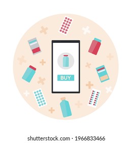 Online Phone Pharmacy Delivery Icon. Drugstore In Mobile To Buy Antibiotics, Pill, Vitamin Or Syrup. Helthcare Concept For Website Showcase.