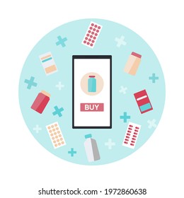 Online Phone Pharmacy Delivery Icon. Drugstore In Mobile To Buy Antibiotics, Pill, Vitamin Or Syrup. Helthcare Concept For Website Showcase.