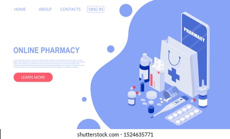 Online phone and pills, capsules blisters, glass bottles, plastic tubes. The concept of an online pharmacy. Isometric vector illustration.