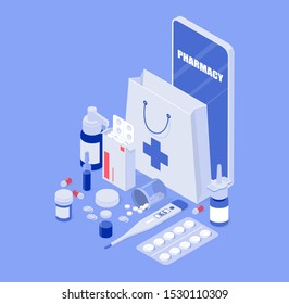 Online phone and pills, capsules blisters, glass bottles, plastic tubes. The concept of an online pharmacy. Isometric vector illustration.