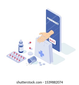 Online phone and pills, capsules blisters, glass bottles, plastic tubes. The concept of an online pharmacy. The doctor's hand gives the tablets through the smartphone screen.