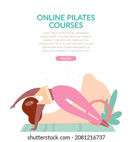 Online pilates courses poster. Young cheerful woman doing fitness exercise. For banners, sites. Hand drawn vector illustration isolated on white background.