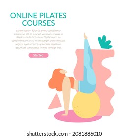 Online pilates courses poster. Young funny woman doing exercise. Pilates, yoga, fitness, sports. For banners, websites. Hand drawn vector illustration isolated on white background