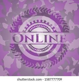 Online pink and purple camouflaged emblem. Vector Illustration. Detailed.