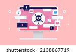 Online piracy - Computer with pirate skull on red screen downloading files illegally from internet. Vector illustration