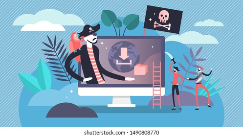 Online piracy vector illustration. Flat tiny illegal illegal hackers persons concept. Internet thief, crime and fraud symbolic visualization. Cyberspace crime with file download and movies sharing.