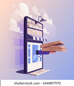Online pizza delivery. Big smartphone turned into internet shop. Cartoon vector illustration. . Supermarket in device. Awning above online store front door