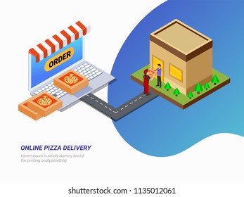 Online Pizza Delivery concept based web template with isometric design of pizza boy delivered order to the destination point can be used for website or mobile app.