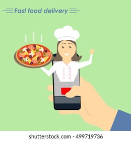 On-line pizza delivery. The concept of e-commerce: on-line food ordering website. Fast food delivery service online courses. Flat vector illustration.