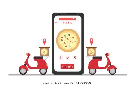 Online pizza delivery concept. Food online order with smartphone, Flat vector illustration.
