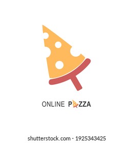 Online pizza logo for cafe packaging and restaurant menu. Fast food logo with modern flat style vector illustration. Pizza chat logo for Italian pizzeria with minimalistic flat style pizza restaurant.