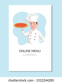Online pizza order. Chef holding hot pizza. Concept illustration for web design, banner, mobile app. Vector cartoon illustration
