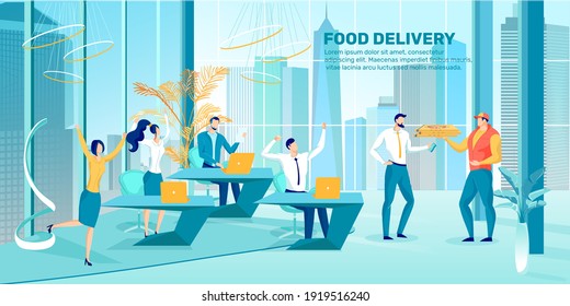 Online Pizza Order. Courier Coming to Office. Delivering Food to Colleague. People Sitting at Table Happy to Receive Meal Flat Vector Illustration. Eating at Work, Having Lunch or Dinner.