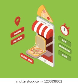Online pizza order and delivery concept, giant isometric smartphone with pizza in a box serving on wooden paddle, shop, counter, sign, stopwatch and buttons