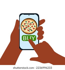 Online pizza order with delivery. A smartphone with a picture of Margherita pizza in his hand, the second hand presses the Buy button.