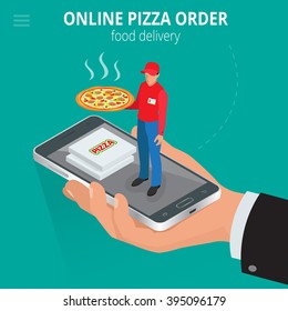 Online pizza order. Ecommerce concept. Fast food delivery online  service. Flat 3d isometric vector illustration. 