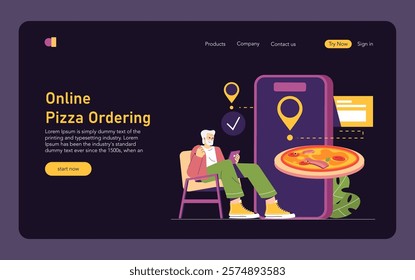 Online Pizza Ordering concept. Digital platforms enhance the convenience of ordering pizza. The image shows a person using a phone for delivery, symbolizing modern dining. Vector illustration.