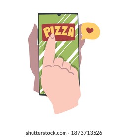 Online Pizza Ordering, Hands Holding Mobile Phone Using Food Delivery Application Cartoon Style Vector Illustration