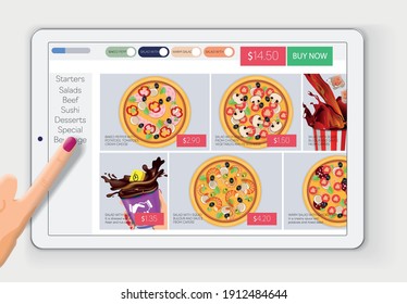 Online pizza restaurant app on your digital tablet screen. Vector banner