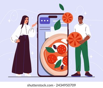 Tutorial de pizza en línea. Hombre y mujer cerca de la pantalla del smartphone. Materiales educativos para cocineros. Preparación de comida tradicional italiana. Ilustración de vector plano de dibujos animados aislado sobre fondo azul